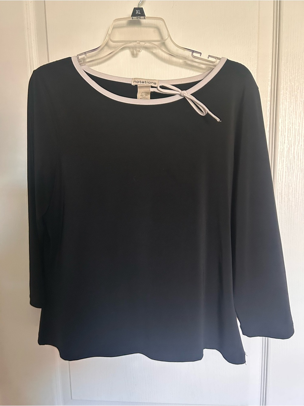 Notations Black Long Sleeve Top with White Trim and Neck Bow
